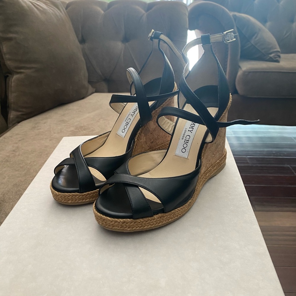 Jimmy Choo Black Strappy Cork Wedges